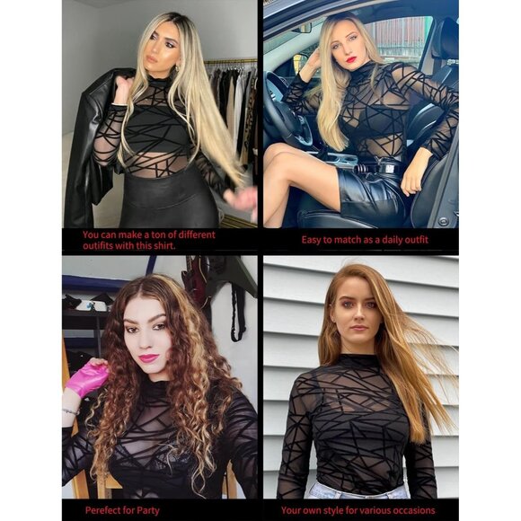 Women Pat1 Long Sleeve Mock Neck Fitted Sexy See Through Mesh Going Out Tops - Picture 7 of 7